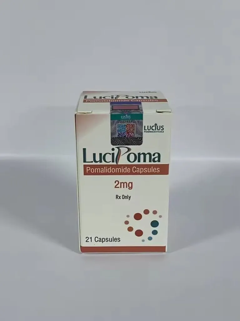 LuciPoma 2mg Capsule (Pomalidomide) oncology medicine by Lucius Pharmaceuticals Laos used for multiple myeloma treatment.