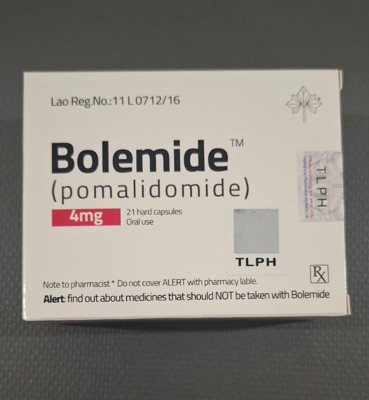 Bolemide 4mg Capsule (Pomalidomide) oncology medicine pack by TLPH Laos used for multiple myeloma treatment.