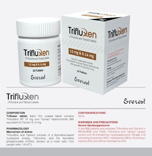 Trifluxen 15mg & 6.14mg Tablet (Trifluridine and Tipiracil) original imported anti-cancer medicine used for colorectal and gastric cancer treatment in Pakistan Trifluxen 15mg & 6.14mg Tablet (Trifluridine and Tipiracil) original imported anti-cancer medicine used for colorectal and gastric cancer treatment in Pakistan