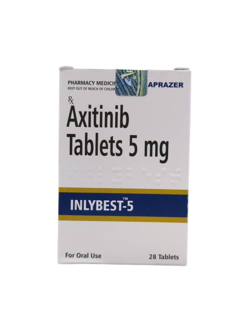 Axitinib 5mg Tablet Axitinib 5mg Tablet by Aprazer Healthcare Pvt. Ltd., pack of 28 tablets for advanced renal cell carcinoma treatment.