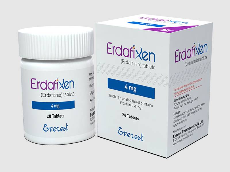 Erdafixen 4mg Tablet (Erdafitinib) by Everest Pharmaceuticals, pack of 28 tablets for FGFR-positive advanced bladder cancer.