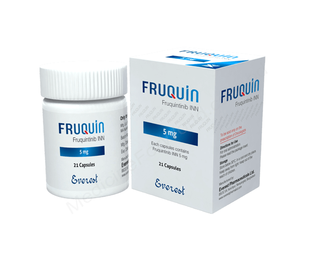 Fruquin 5mg Capsule (Fruquintinib) Fruquin 5mg Capsule (Fruquintinib) by Everest Pharmaceuticals, pack of 21 capsules for metastatic colorectal cancer treatment.