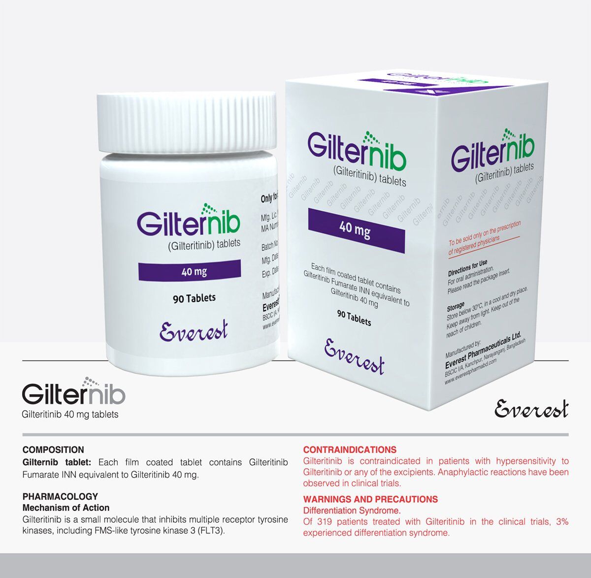 Gilternib 40mg Tablet (Gilteritinib) Gilternib 40mg Tablet (Gilteritinib) by Everest Pharmaceuticals, pack of 90 tablets for FLT3 mutation-positive acute myeloid leukemia.