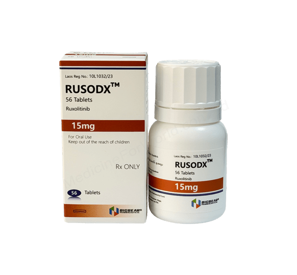Rusodx 15mg Tablet (Ruxolitinib) Rusodx 15mg Tablet (Ruxolitinib) by Big Bear Pharmaceutical Co., Ltd. – Pack of 56 Tablets for myelofibrosis and polycythemia vera treatment.