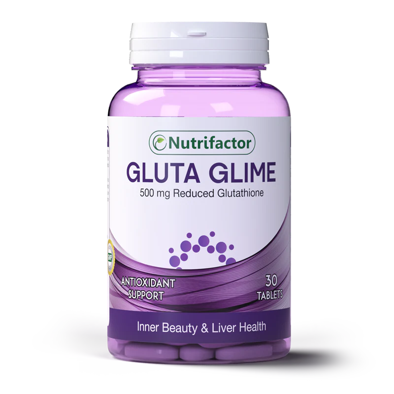 Nutrifactor Gluta Glime supplement bottle for skin brightening and immune support.