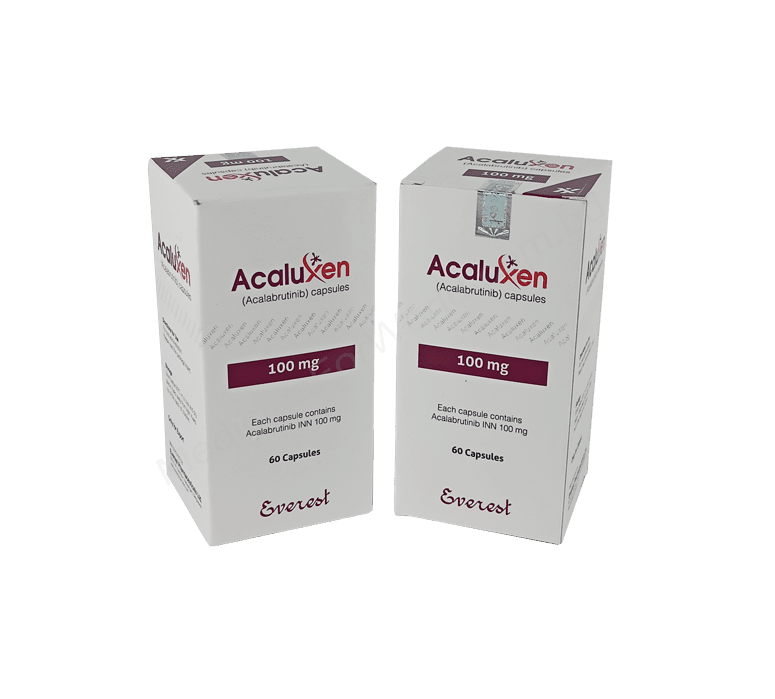 Acaluxen Acalabrutinib 100mg Everest Pharma Acaluxen 100mg Capsule pack – Acalabrutinib-based targeted therapy for blood cancers.