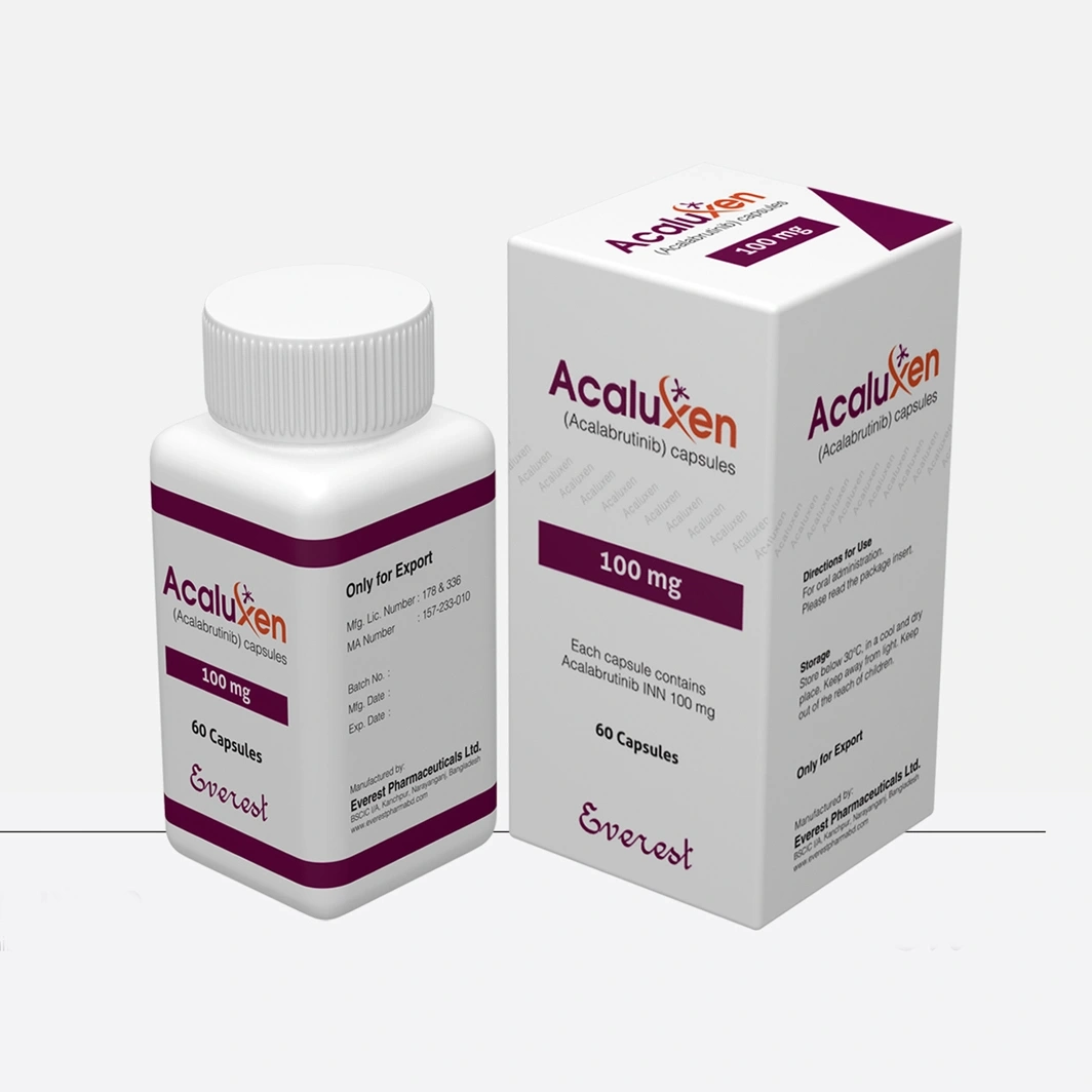 Acaluxen Acalabrutinib 100mg Everest Pharma Acaluxen 100mg Capsule pack – Acalabrutinib-based targeted therapy for blood cancers.