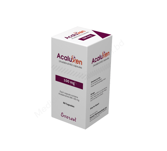 Acaluxen Acalabrutinib 100mg Everest Pharma Acaluxen 100mg Capsule pack – Acalabrutinib-based targeted therapy for blood cancers.