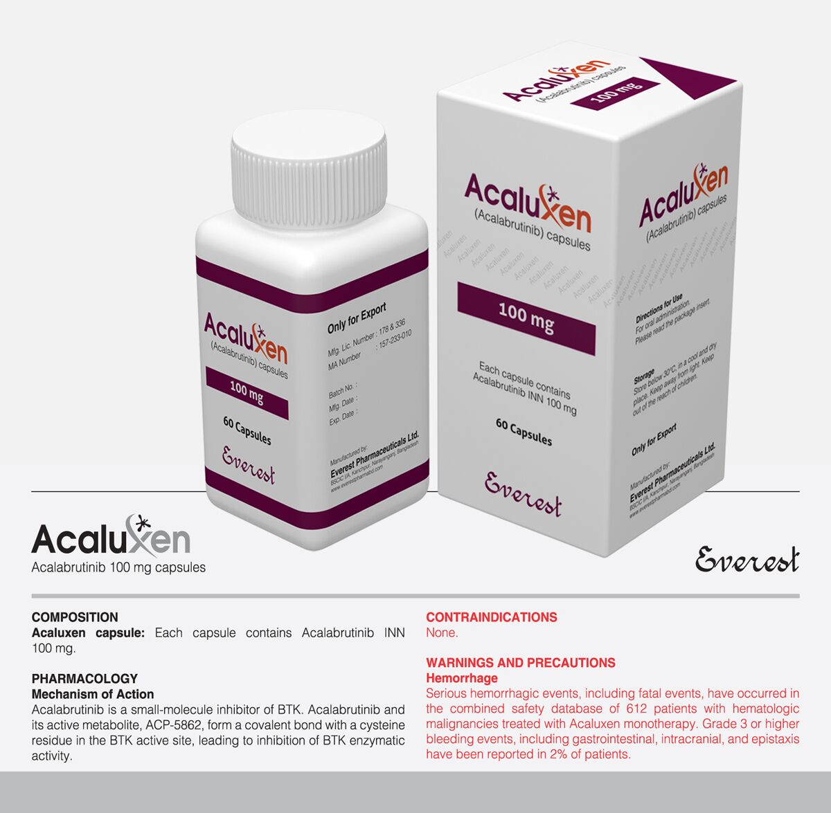 Acaluxen Acalabrutinib 100mg Everest Pharma Acaluxen 100mg Capsule pack – Acalabrutinib-based targeted therapy for blood cancers.