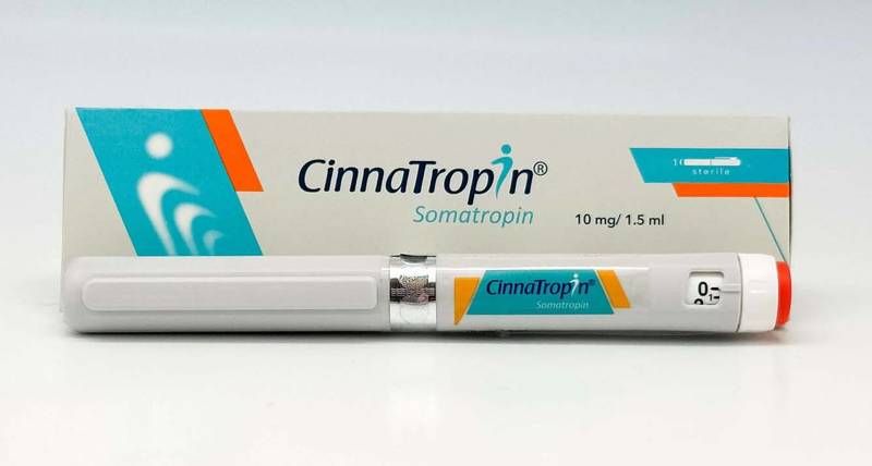 Cinnatropin 10mg/1.5ml injection vial containing Somatropin, a synthetic growth hormone used to treat growth disorders and other medical conditions. The vial holds a clear, colorless solution for subcutaneous or intramuscular injection. Cinnatropin 10mg/1.5ml injection vial containing Somatropin, a synthetic growth hormone used to treat growth disorders and other medical conditions. The vial holds a clear, colorless solution for subcutaneous or intramuscular injection.